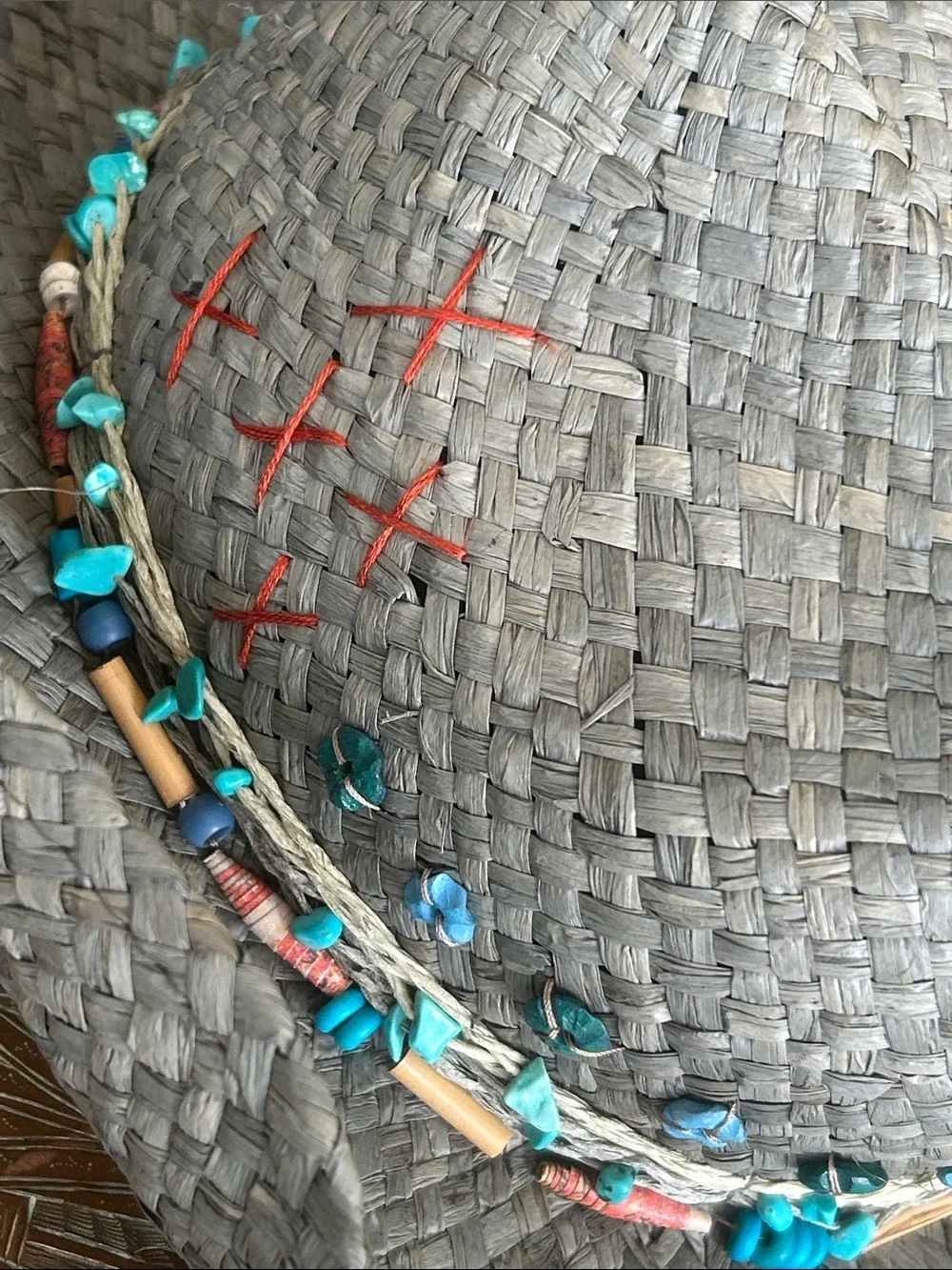 Upcycled Woven Straw Fedora Cowgirl hat with Turquoise Bead Trim